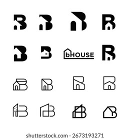 Una colección versátil de diseños de logotipos abstractos y geométricos, que combina a la perfección la letra 'B' con varias Formas de la casa y el edificio en un estilo minimalista en blanco y negro.