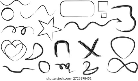 Una colección versátil de Elementos grunge de pincel de tinta negra artística que incluye flechas, marcos, corazones, estrellas y líneas abstractas. Usa estas Formas de doodle afligidas para destacar creativamente y proyectos de Diseño gráfico.