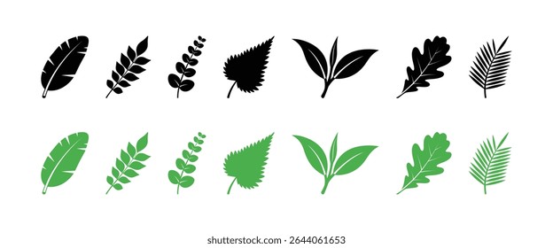 A versatile collection of assorted leaf vector silhouettes in green and black, perfect for nature themed designs, logos, and botanical graphics.