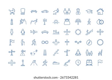 Uma coleção versátil de ícones de desenho de linha básica que retratam elementos da vida diária, viagens e várias atividades, apresentados em um fundo branco limpo.