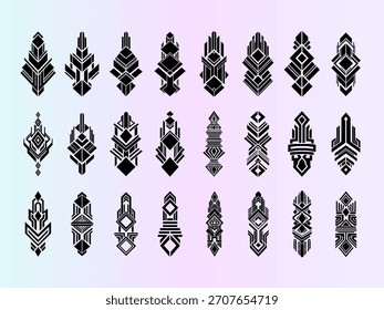 Uma coleção versátil de padrões geométricos abstratos negros com uma distinta Art Deco e estética futurista. Ideal para projetos de design moderno, marcas, logotipos e elementos decorativos.