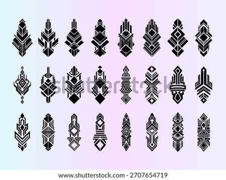 A versatile collection of black abstract geometric patterns with a distinct Art Deco and futuristic aesthetic. Ideal for modern design projects, branding, logos, and decorative elements.