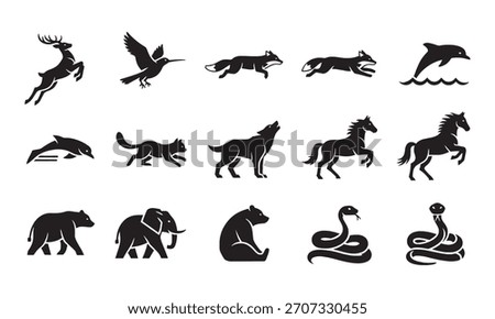A versatile collection of black animal silhouettes, perfect for logos, icons, or design elements. Features wildlife like deer, foxes, dolphins, bears, and more in dynamic poses.