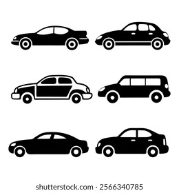 A versatile collection of black car silhouettes showcasing various vehicle types, including a pickup truck, compact car, convertible, luxury sedan, vintage car, and family minivan or SUV. Perfect for 