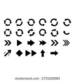 A versatile collection of black circular and straight arrow icons in a clean flat design. Perfect for web, UI, and graphic design elements representing navigation, refresh, or direction.