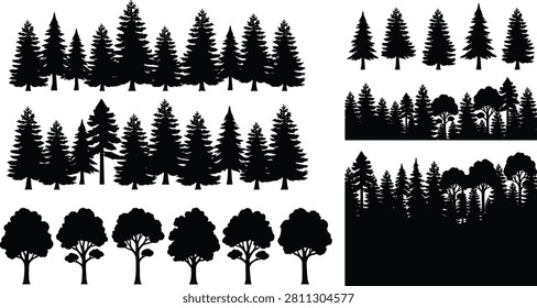 A versatile collection of black forest tree silhouettes featuring evergreen trees, deciduous trees, woodland borders, and landscape elements. Ideal for logos, nature-themed designs, laser cutting, Cricut projects, decals, posters, and outdoor branding.