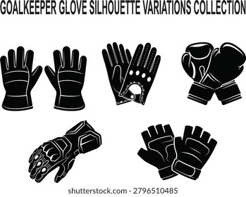 A versatile collection of black glove silhouettes showcasing various styles across multiple sports and uses, including classic soccer goalkeeper gloves, crossed boxing gloves, fingerless gym mitts, driving gloves, and a futuristic armored gauntlet. These clean, high-contrast vector illustrations are isolated on a solid background, making them ideal for athletic branding, sports merchandise, fitness icons, and gaming graphics.