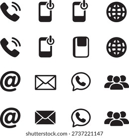 A versatile collection of black glyph icons for contact information, including phone, mobile, email, globe, and group chat symbols.