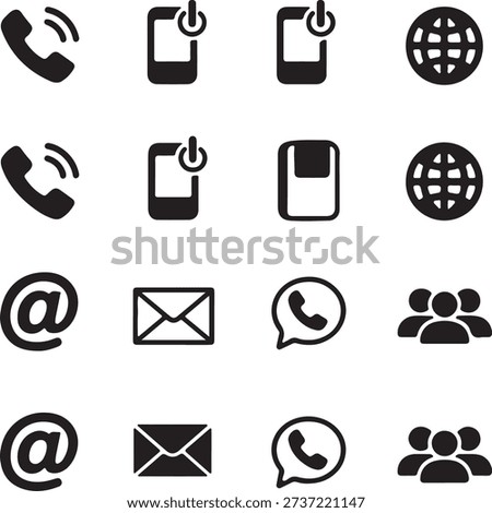 A versatile collection of black glyph icons for contact information, including phone, mobile, email, globe, and group chat symbols.