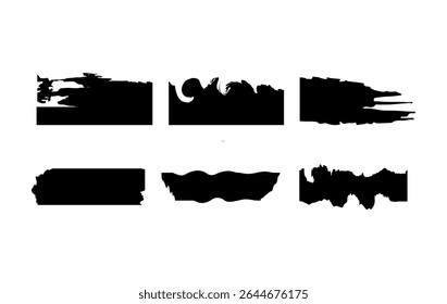 Uma coleção versátil de traços de pincel grunge preto com bordas rasgadas, ondas dinâmicas, riscos nítidos, texturas de tinta em negrito, linhas onduladas suaves e manchas irregulares , para pôsteres, design de banner