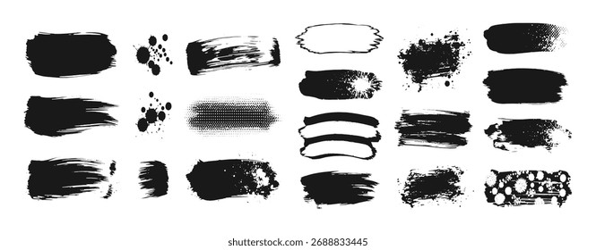 A versatile collection of black ink brush strokes, paint splatters, and smudges, offering a raw and artistic texture for graphic design, backgrounds, and creative projects on a white backdrop.
