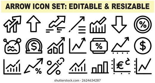 A versatile collection of black line art arrow and finance icons perfectly illustrates growth and financial concepts.