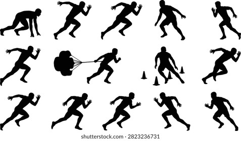 A versatile collection of black male athlete silhouettes demonstrating sprinting, agility cone drills, and resistance parachute training. These dynamic fitness illustrations are ideal for sports, health, and athletic commercial design projects.