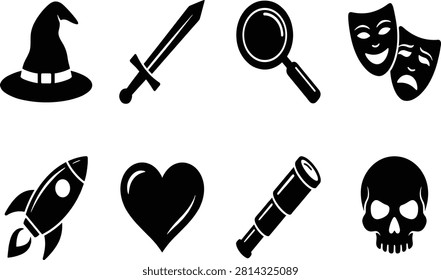 A versatile collection of black silhouette icons representing various literary and film genres such as fantasy, science fiction, romance, and horror. This scalable vector set is perfect for bookstore categorization, movie streaming app interfaces, and library navigation designs.