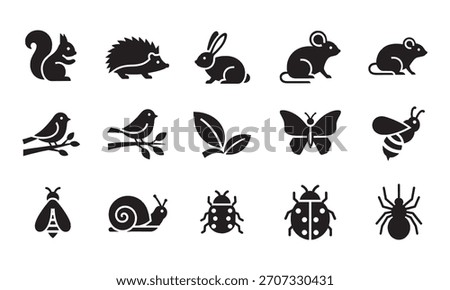 A versatile collection of black silhouette icons featuring various animals and insects like squirrels, birds, and bees. Perfect for nature-themed graphic design projects.