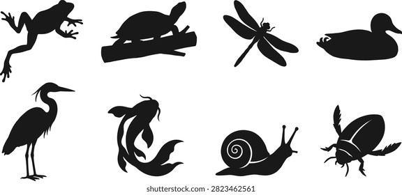 A versatile collection of black silhouette illustrations featuring common pond, lake, and wetland wildlife. This set includes various aquatic animals, birds, and insects, perfect for nature-themed graphic design projects.