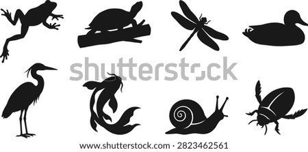 A versatile collection of black silhouette illustrations featuring common pond, lake, and wetland wildlife. This set includes various aquatic animals, birds, and insects, perfect for nature-themed graphic design projects.