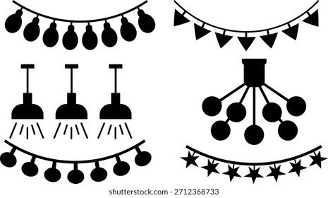 Colección versátil de la silueta negra que ilumina y de los iconos festivos de la decoración para los proyectos modernos del Diseño gráfico