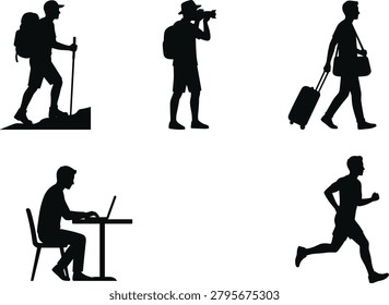 A versatile collection of black silhouettes depicting various human activities including hiking, photography, traveling, remote work, and running. Perfect for modern graphic design, infographics, and website icons representing diverse lifestyle concepts.
