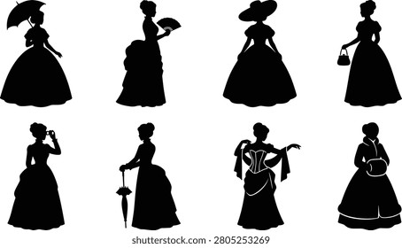 A versatile collection of black silhouettes featuring women in elegant Victorian and Edwardian era dresses. These vintage fashion illustrations include classic accessories like parasols, hats, and fans, perfect for historical designs, invitations, and retro fashion projects.