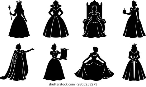 A versatile collection of black silhouettes featuring royal queens and princesses in elegant gowns with crowns and majestic accessories. These isolated vector shapes are perfect for fairytale illustrations, historical themes, and fantasy-based design projects.