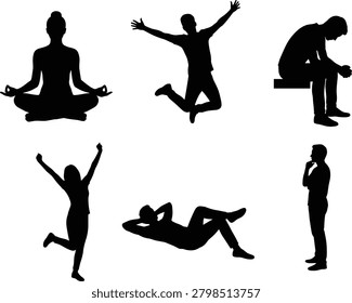 A versatile collection of black silhouettes illustrating diverse emotional states and lifestyle activities including mindfulness, success, and reflection. Ideal for projects focused on mental health awareness, psychology, and human behavior.
