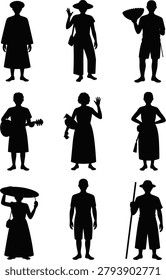 A versatile collection of black silhouettes showcasing individuals in traditional and rural life activities. This set is ideal for representing cultural diversity, community storytelling, and heritage-themed graphic projects.
