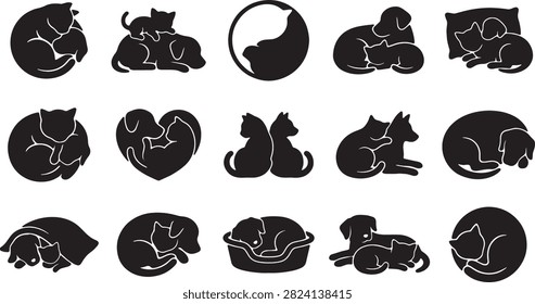 Versatile collection of black solid silhouettes featuring cats and dogs bonding, sleeping, and resting together. Perfect for pet related branding, social media graphics, and creative professional designs.