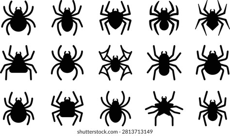 A versatile collection of black spider silhouettes on a white background, perfect for Halloween designs, creepy crawly themes, and spooky season projects.