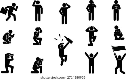 Uma coleção versátil de ícones de figura de palitos pretos mostrando diferentes expressões humanas, poses e ações para diversas necessidades de comunicação.