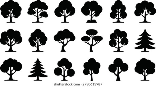 Una colección versátil de íconos de árboles negros que incluyen tipos caducifolios y siempreverdes, ideal para temas ambientales o uso decorativo.