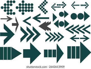 A versatile collection of black vector arrows and directional icons, featuring straight, curved, diagonal, and multi-directional designs. I