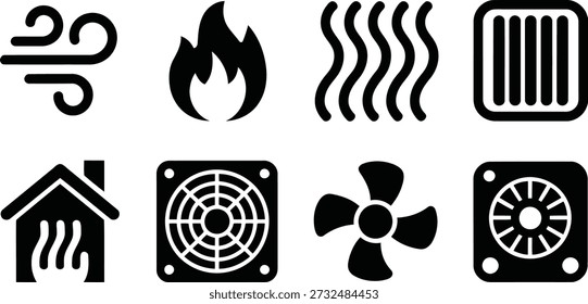 Uma coleção versátil de ícones vetoriais pretos ilustrando componentes comuns de HVAC e símbolos de controle ambiental em um fundo branco.