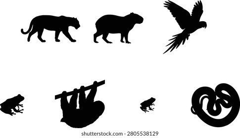 A versatile collection of black vector silhouettes featuring exotic rainforest animals such as a jaguar, sloth, macaw, capybara, and snake. These high-quality shapes are ideal for zoo branding, wildlife conservation graphics, and tropical-themed design projects.