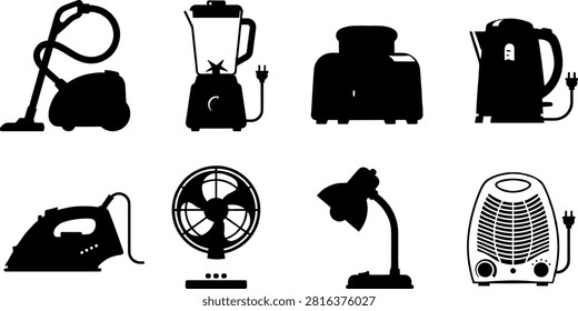 A versatile collection of black vector silhouettes featuring essential small household appliances, including a canister vacuum cleaner, kitchen blender, toaster, electric kettle, clothes iron, electric desk fan, table lamp, and portable space heater. Ideal for e-commerce store categories, appliance manuals, product packaging, energy-saving infographics, and home technology layouts.