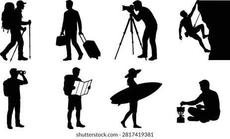 A versatile collection of black vector silhouettes showcasing various active lifestyles, outdoor adventures, and travel hobbies. This set captures individuals engaged in recreation and exploration, including trekking with poles, pulling a rolling suitcase, shooting with a tripod camera, rock climbing, looking through binoculars, reading a map, carrying a surfboard, and cooking on a camp stove. Ideal for tourism agencies, outdoor gear branding, travel blogs, and recreation infographic layouts.A versatile collection of black vector silhouettes showcasing various active lifestyles, outdoor adventures, and travel hobbies. This set captures individuals engaged in recreation and exploration, including trekking with poles, pulling a rolling suitcase, shooting with a tripod camera, rock climbing, looking through binoculars, reading a map, carrying a surfboard, and cooking on a camp stove. Ideal for tourism agencies, outdoor gear branding, travel blogs, and recreation infographic layouts.