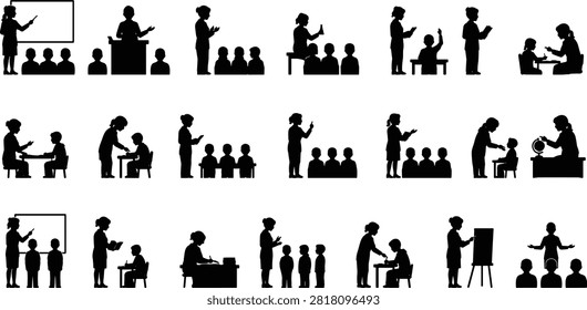 A versatile collection of black vector silhouettes featuring teachers instructing students, giving classroom lectures, tutoring individual children, and presenting with whiteboards and globes. Ideal for back-to-school promotional materials, educational websites, e-learning platforms, and academic publishing.
