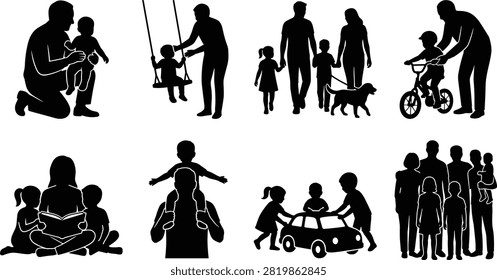 A versatile collection of black vector silhouettes illustrating various family bonding moments, including walking a dog, riding a bicycle, and reading together. Perfect for parenting blogs, family-oriented marketing materials, healthcare advertisements, and educational graphics.