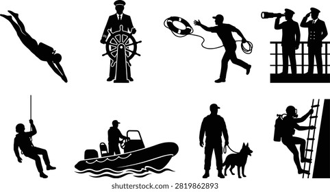 A versatile collection of black vector silhouettes depicting coast guard operations, marine rescue missions, and naval security patrols. This graphic asset set is ideal for maritime safety manuals, recruitment posters, naval training presentations, and security agency web designs.