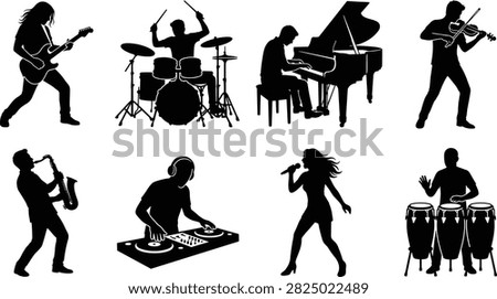 A versatile collection of black vector silhouettes featuring musicians playing various instruments including guitar, drums, piano, violin, saxophone, congas, alongside a DJ and female singer. Perfect for live concert promotions, music festival flyers, band branding, and entertainment media design.