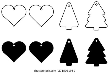 Una colección versátil de corazón blanco y negro y etiquetas de Vector en forma de árbol de Navidad con agujeros de recorte perfecto para regalos de vacaciones y celebraciones románticas
