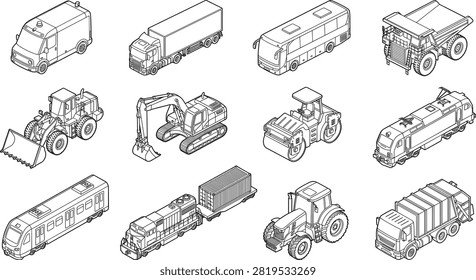 A versatile collection of black and white isometric line drawings featuring various commercial vehicles, heavy construction equipment, and public transportation. This detailed outline set is ideal for logistics diagrams, city planning illustrations, and transportation industry designs.A versatile collection of black and white isometric line drawings featuring various commercial vehicles, heavy construction equipment, and public transportation. This detailed outline set is ideal for logistics diagrams, city planning illustrations, and transportation industry designs.