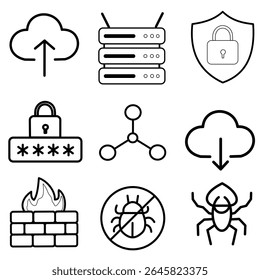 A versatile collection of black and white line art icons covering various security and technology concepts, including shield, padlock, building, and bug. Ideal for clean, minimalist designs,dst