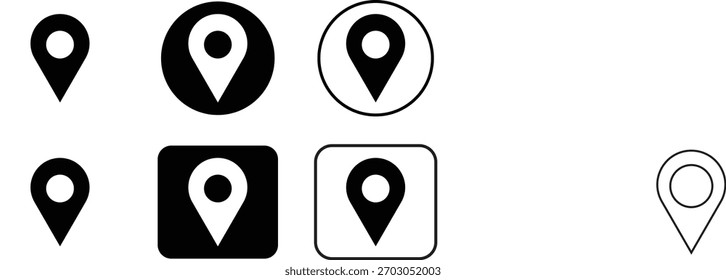 Una colección versátil de iconos de pin de ubicación en blanco y negro en varios estilos, ideal para mapas, navegación e interfaces digitales.