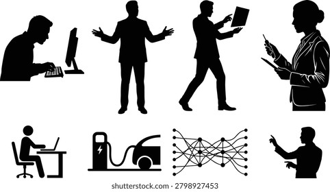 A versatile collection of black and white silhouette icons showing professionals working on computers, giving presentations, analyzing data charts, and charging an electric vehicle. This graphic set is ideal for technology companies, sustainable energy projects, modern office workflows, and corporate human resource designs.