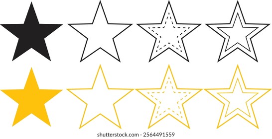 A versatile collection of black and yellow stars, including solid, outlined, and dashed variations. Ideal for creative design projects, rating systems