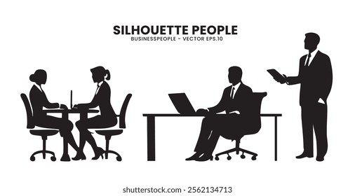 A versatile collection of business people silhouettes in various poses, ideal for corporate and professional design projects.