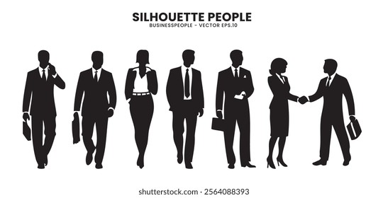 A versatile collection of business people silhouettes in various poses, ideal for corporate and professional design projects. 