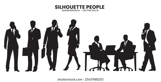 A versatile collection of business people silhouettes in various poses, ideal for corporate and professional design projects. 