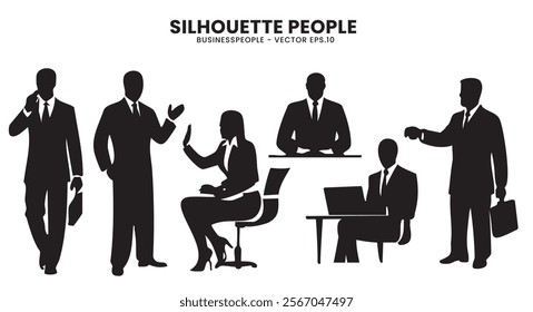 A versatile collection of business people silhouettes in various poses, ideal for corporate and professional design projects.